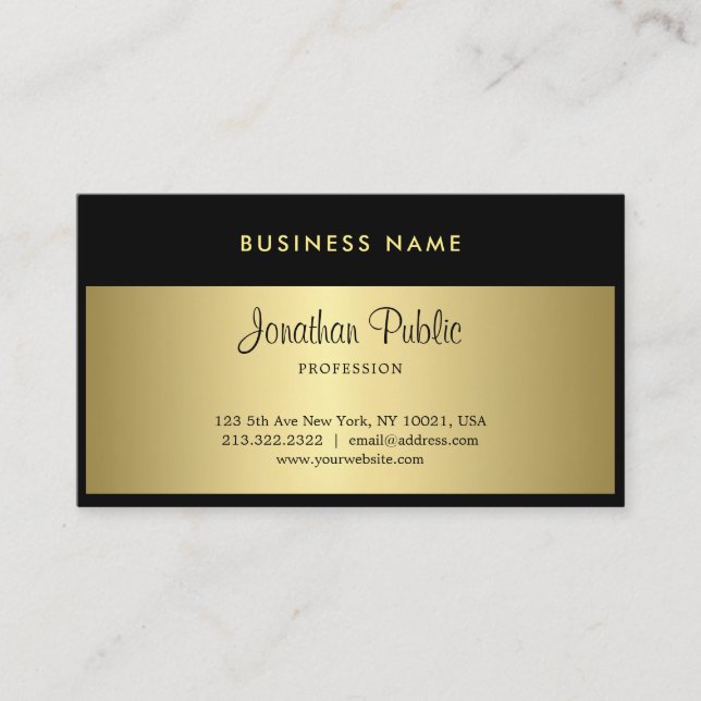 Charming Handwritten Script Black And Gold Luxury Business Card (Front)