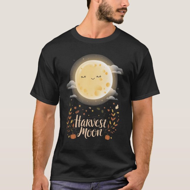 Charming Harvest Moon with Autumn Leaves T-Shirt (Front)