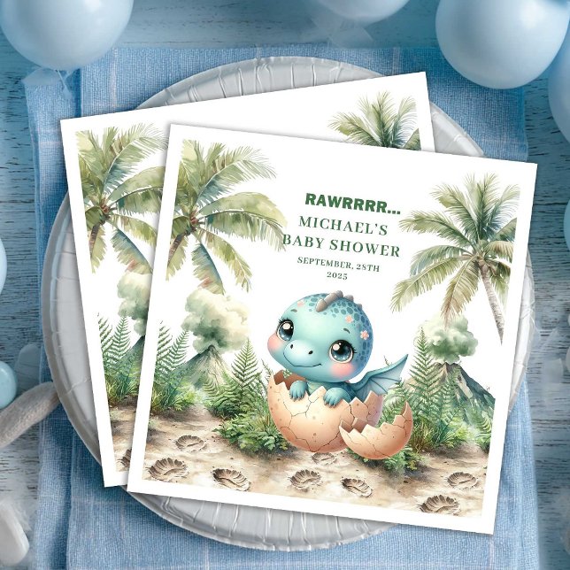 Charming hatching soon boy baby shower napkins  (Cute Dino Baby Shower Hatching Soon Name Napkins)