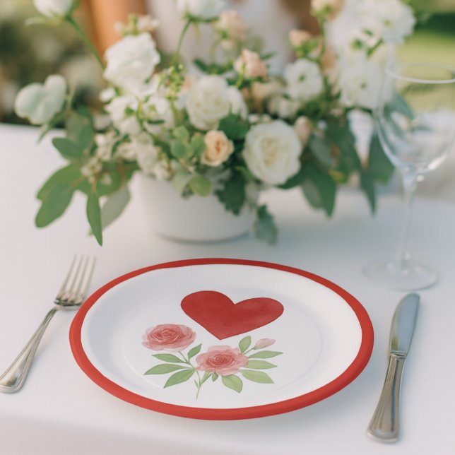 Charming Heart and Pink Roses Valentine's Day  Paper Plate (“Romantic wedding table with floral heart plate, soft roses, and dreamy Valentine‑ambiance.)