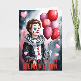 Charming Heart-Themed Pierrot Clown Birthday Card
