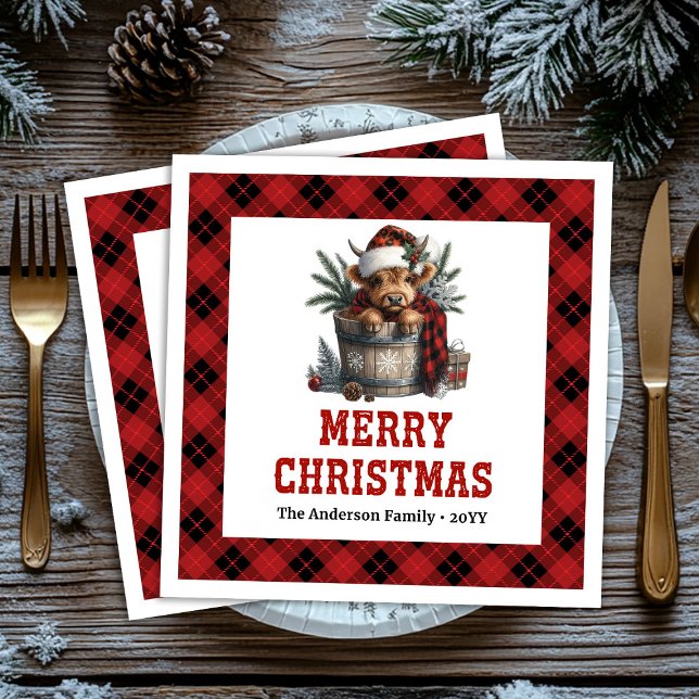 Charming highland cow holiday red black tartan napkin (Charming highland cow holiday red black tartan Paper Dinner Napkins)