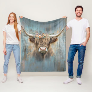 Charming Highland Cow Long Horns Shaggy Fur Fleece Blanket