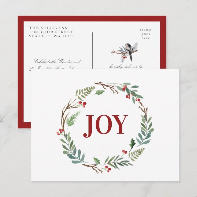 Charming Holiday Christmas JOY Wreath Winter Bird Postcard (Front/Back)
