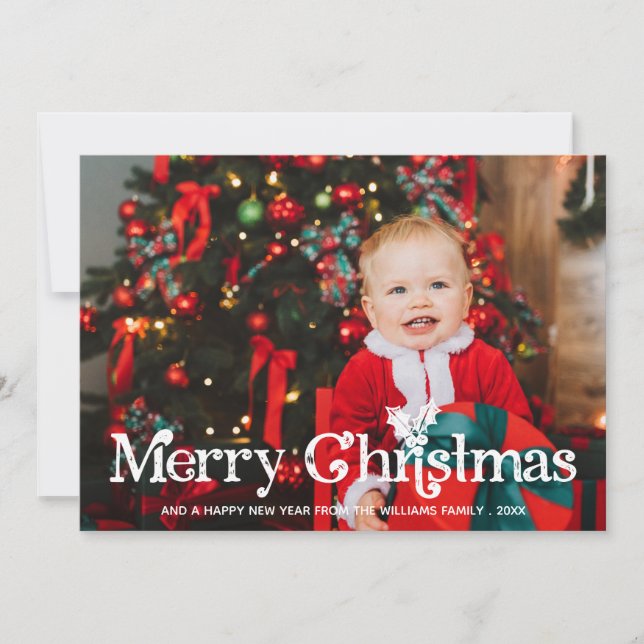 Charming Holly Typography Merry Christmas Photo Holiday Card (Front)