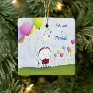 Charming Ladybug with Colorful Heart Balloons Ceramic Ornament