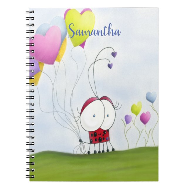 Charming Ladybug with Colorful Heart Balloons Notebook (Front)
