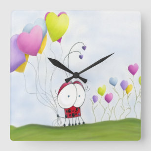 Charming Ladybug with Colorful Heart Balloons Square Wall Clock