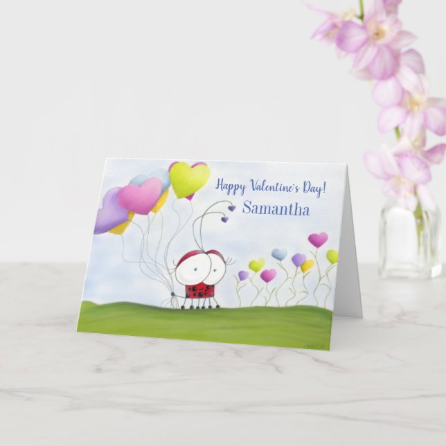 Charming Ladybug with Colourful Heart Balloons Card (Orchid)