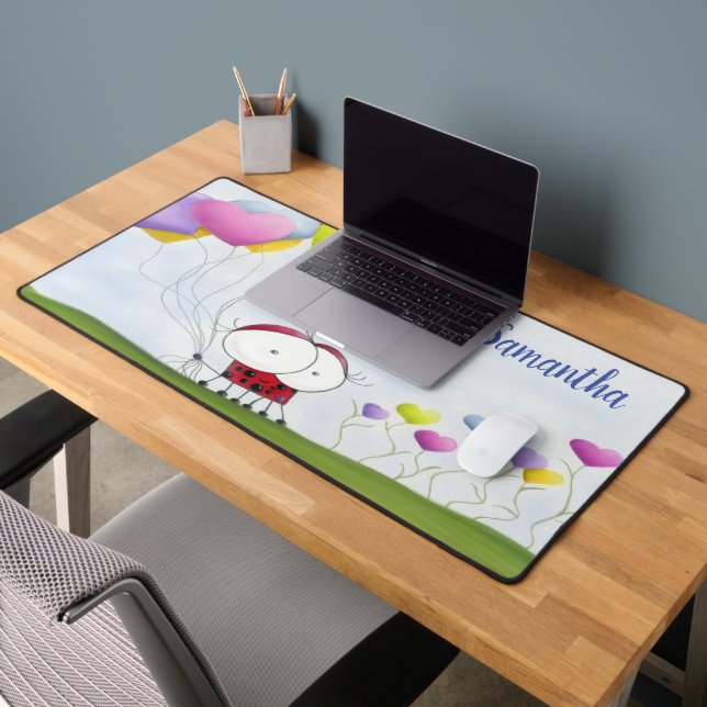 Charming Ladybug with Colourful Heart Balloons Desk Mat (Office 2)