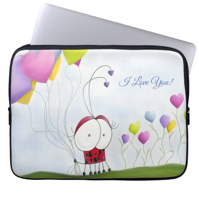 Charming Ladybug with Colourful Heart Balloons Laptop Sleeve (Front)