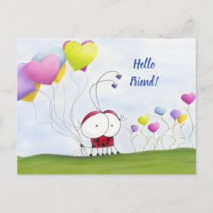 Charming Ladybug with Colourful Heart Balloons Postcard