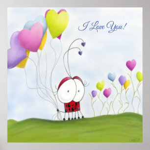 Charming Ladybug with Colourful Heart Balloons Poster