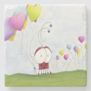 Charming Ladybug with Colourful Heart Balloons Stone Coaster
