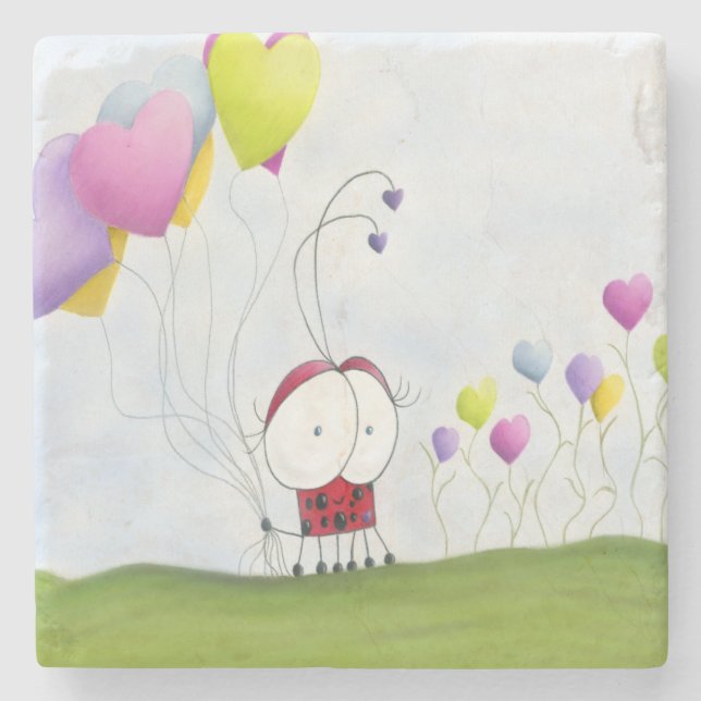 Charming Ladybug with Colourful Heart Balloons Stone Coaster (Front)