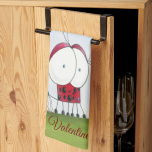 Charming Ladybug with Colourful Heart Balloons Tea Towel