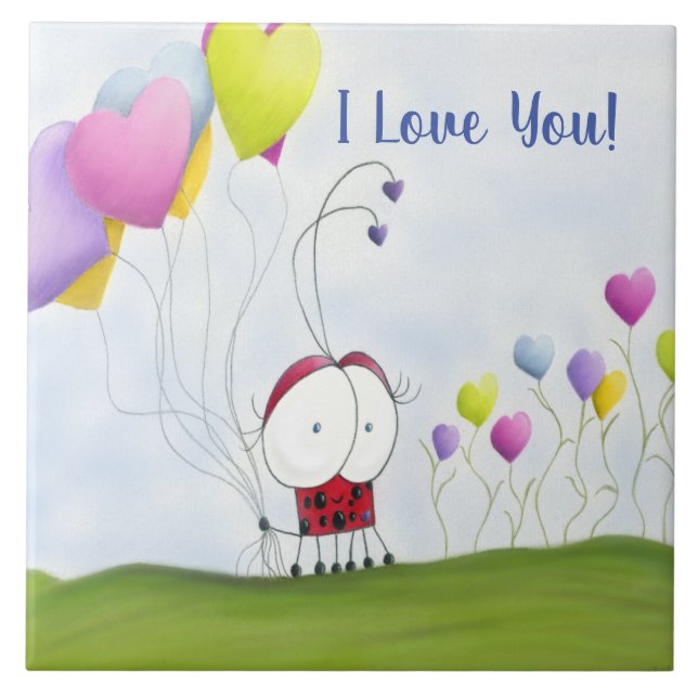 Charming Ladybug with Colourful Heart Balloons Tile (Front)