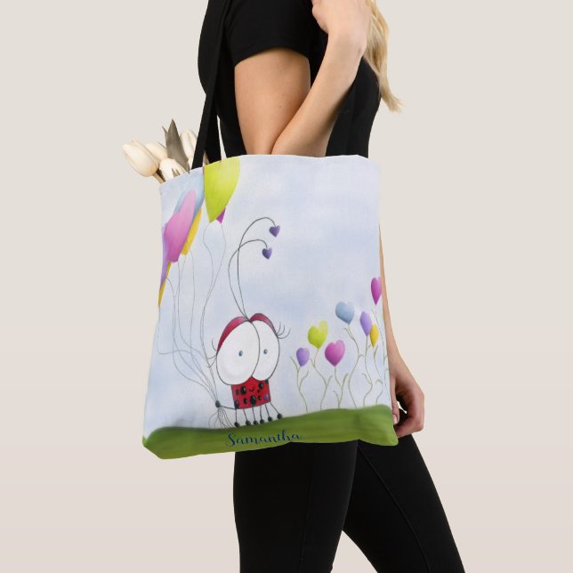 Charming Ladybug with Colourful Heart Balloons Tote Bag (Close Up)