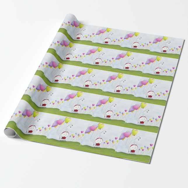 Charming Ladybug with Colourful Heart Balloons Wrapping Paper (Unrolled)