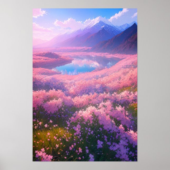 Charming Lake Surrounded by Pink Flowers Poster (Front)