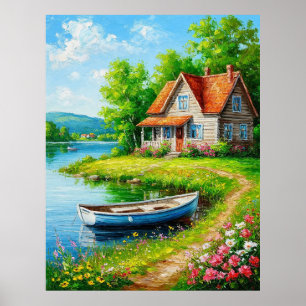 Charming Lakeside Cottage with a Boat Poster