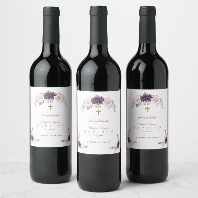 Charming Lavender Blush White Floral Baptism Wine Label (Bottles)