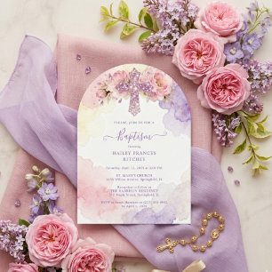 Charming Lavender Glitter Floral Cross Baptism Invitation