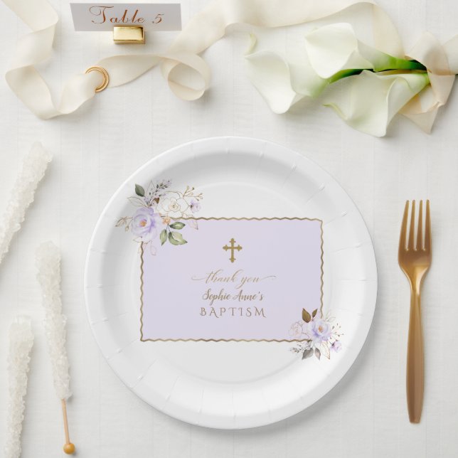 Charming Light Purple Gold Flowers Baptism  Paper Plate (Wedding)