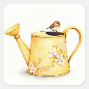 Charming little robin perched on a watering can square sticker