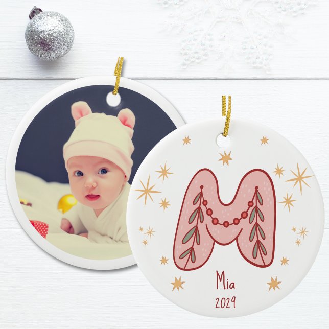 Charming M Design with Stars Pattern Ceramic Tree Decoration (Baby's First Christmas Ornament - Initial "M")