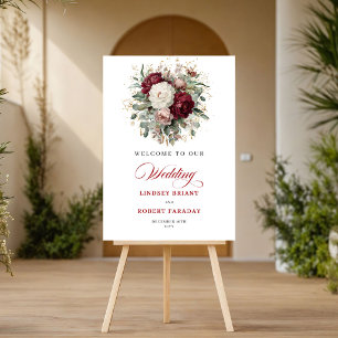 Charming Maroon Flowers Eucalyptus Gold Welcome   Poster