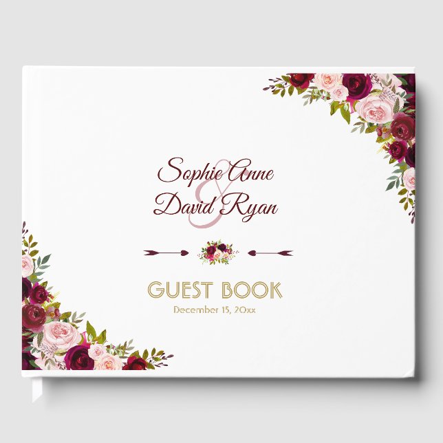 Charming Marsala Floral Burgundy Wedding Guest Book (Front)