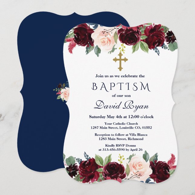 Charming Merlot Navy Blue Floral Baptism Invitation (Front/Back)