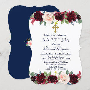 Charming Merlot Navy Blue Floral Baptism Invitation