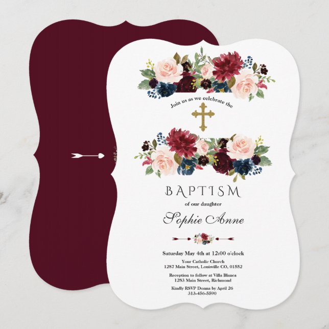 Charming Merlot Navy Blue Floral Baptism Invitation (Front/Back)