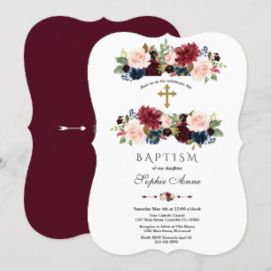 Charming Merlot Navy Blue Floral Baptism Invitation