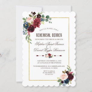 Charming Merlot Navy Blue Floral Rehearsal Dinner Invitation