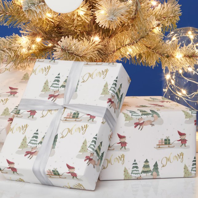 Charming Merry Christmas Trees Elves Gifts Wrapping Paper (Creator Uploaded)