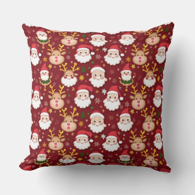 Charming Mini Santa and Reindeer Christmas Pattern Cushion (Front)