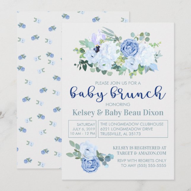 Charming & Modern Blue Floral Brunch Invitation (Front/Back)