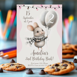 Charming Mouse Balloons 2nd Birthday Party Invitation