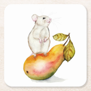 Charming Mouse on a Pear Square Paper Coaster