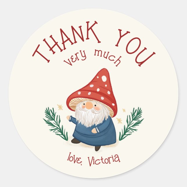 Charming Mushroom Gnome Thank you Sticker (Front)