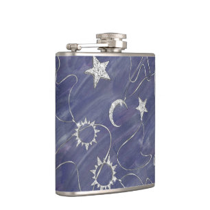 Charming Mystique   Silver Moon Stars Sun Amulet Hip Flask