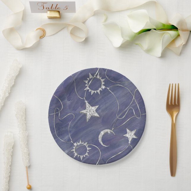Charming Mystique | Silver Moon Stars Sun Amulet Paper Plate (Wedding)