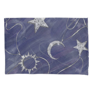 Charming Mystique   Silver Moon Stars Sun Amulet Pillowcase