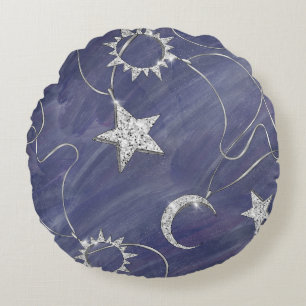 Charming Mystique   Silver Moon Stars Sun Amulet Round Cushion