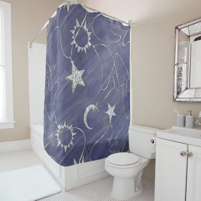 Charming Mystique | Silver Moon Stars Sun Amulet Shower Curtain (In Situ)