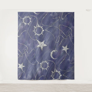 Charming Mystique Silver Moon Stars Sun Amulet Tapestry