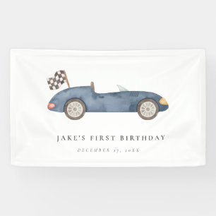 Charming Navy Blue Race Car Birthday  Banner